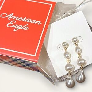 American Eagle Pearl 2” Drop Earrings Post Gold Tone